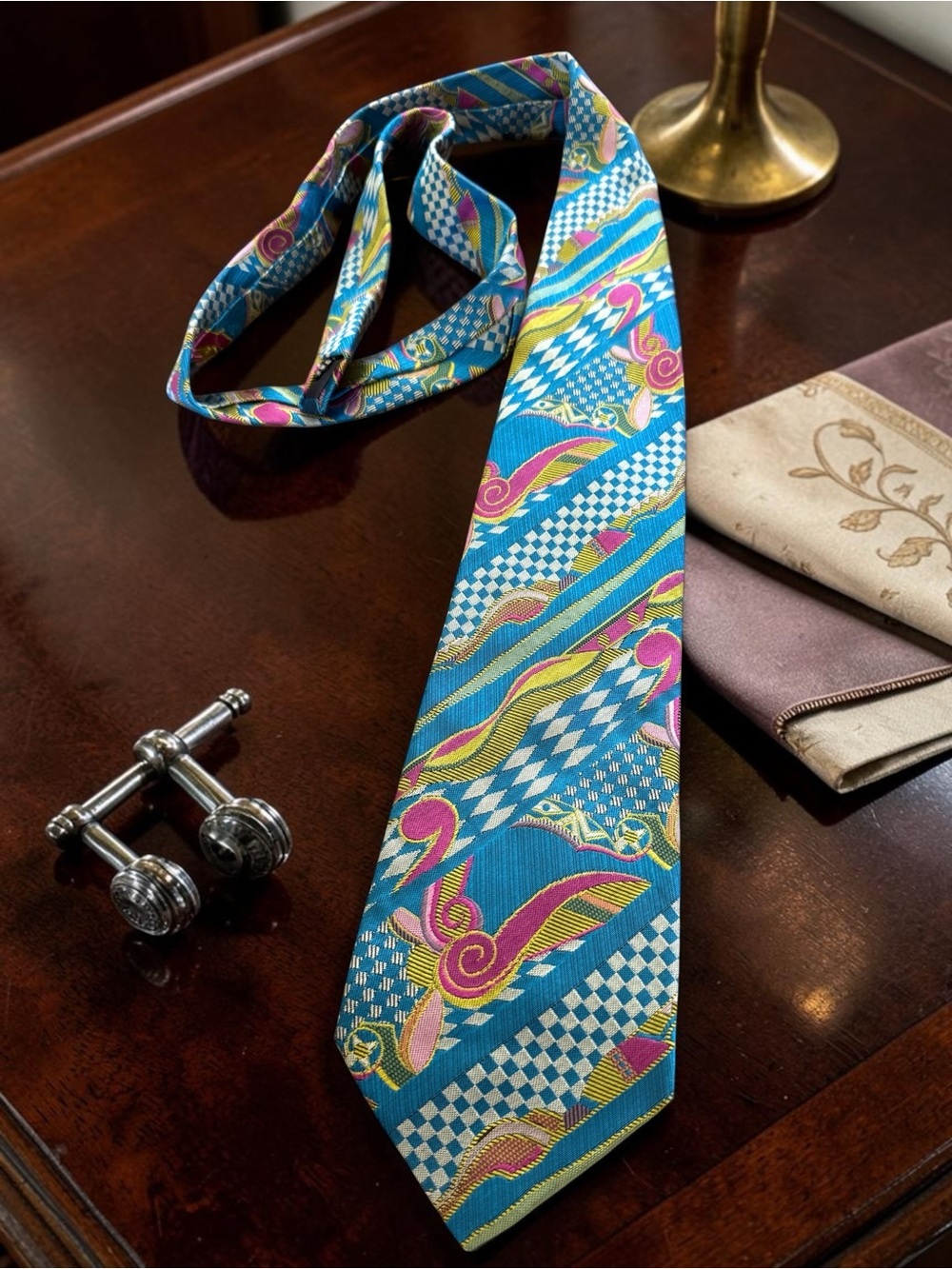 VINTAGE 90s Versus/Gianni Versace Silk Tie Turquoise Pink Baroque Checkerboard